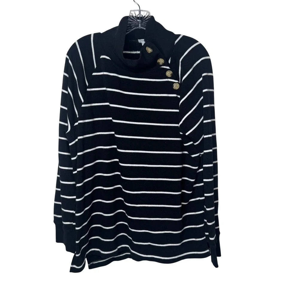J Crew Black White Stripe Funnel Neck Button‎ Sweater Top Women's Size L